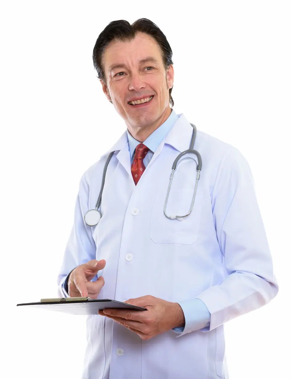 Portrait Of Happy Mature Handsome Man Doctor Think Y9BN5TP